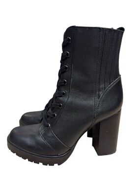Steve Madden Lead Combat Boots Black Leather Lug Sole Chunky Heel Zip US 8.5 Y2K